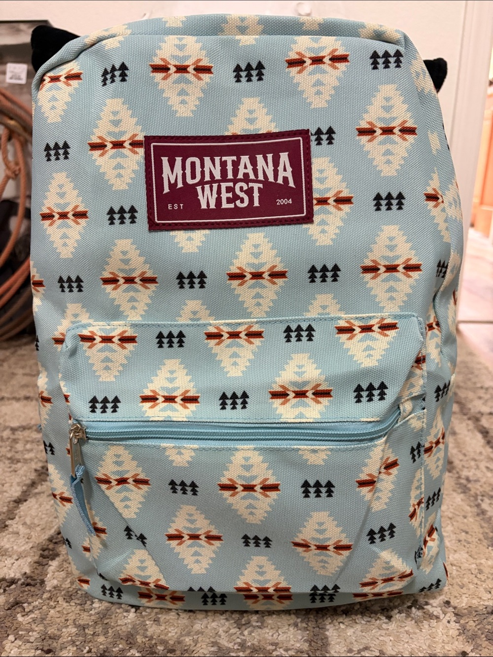 Montana West Light Blue Aztec Pattern Backpack with Burgundy Logo Patch